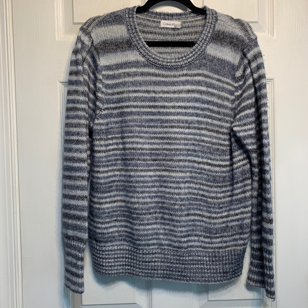 Calvin Klein Striped Knit Sweater Large Blue Grey Cotton Blend Casual Preppy